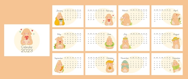 Vector vector vertical calendar 2023 with symbol of the year rabbit cute funny kawaii character baby bunny week starts in sunday template with cover in size a4 a3 a2 a5