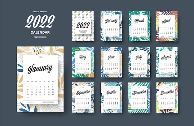 Vector vertical calendar template 2022, colored tropical leaves with white insert with months. Set of covers for the organization, stationery for the office. Wall planner for a year, with weeks, days