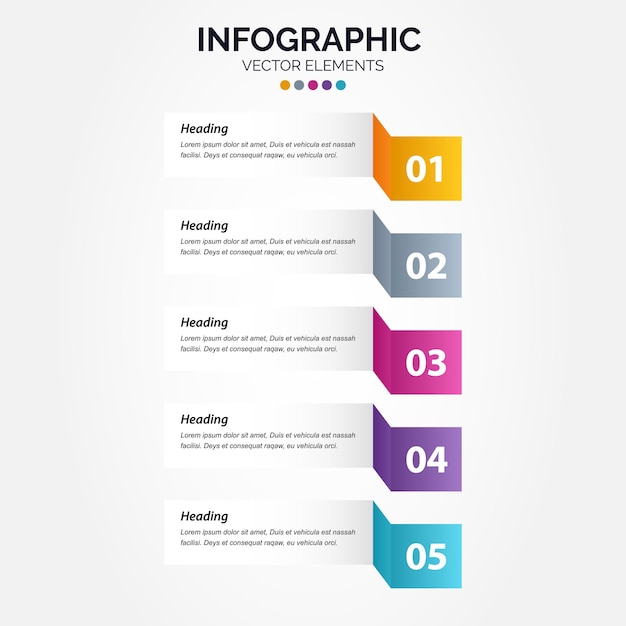 Disegno della freccia infografica verticale vettoriale con 5 opzioni o passaggi infografica verticale per il concetto di business