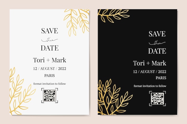 Vector vertical wedding invitation cards set with black and gold leaves on dark and white