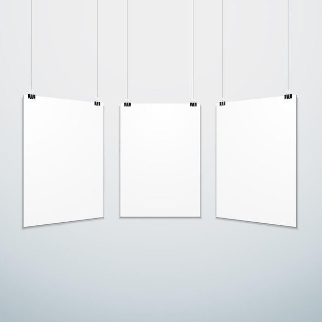 Vector vertical white empty poster set suspended on office clamps mock up realistic shadow blank template isolated white grey background