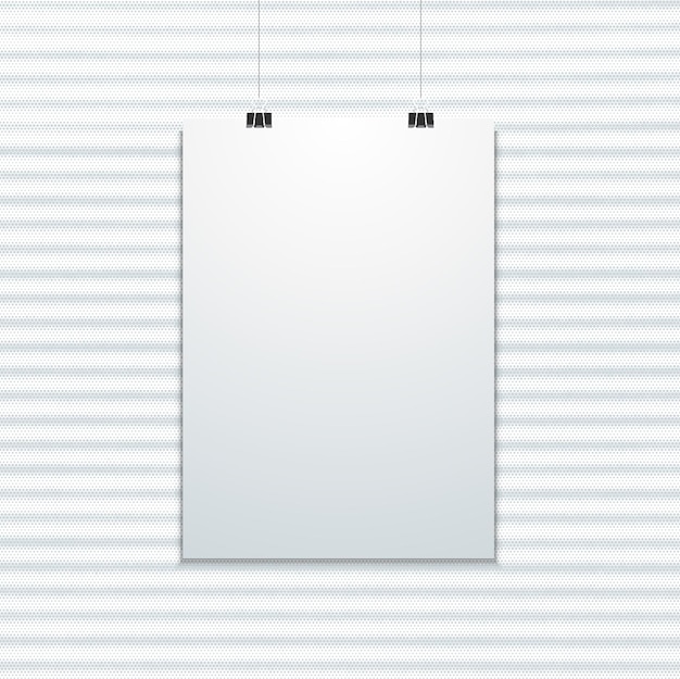 Vector verticale witte lege poster opgehangen aan kantoorklemmen mock up realistische schaduw lege sjabloon geïsoleerd donkere gecanneleerde metalen industriële stijl textuur achtergrond