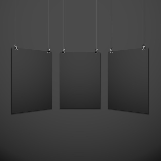 Vector verticale zwarte lege poster set geschorst op kantoor klemmen mock up realistische schaduw lege sjabloon geïsoleerde zwarte achtergrond