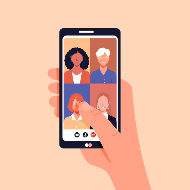 Vector vector of a video call on the phone with four women in an online meeting