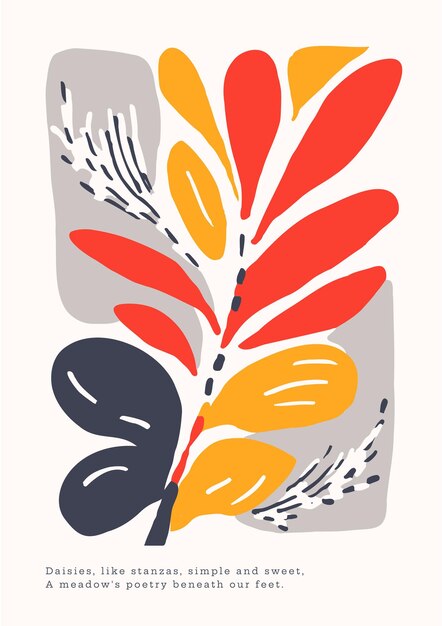 Vector vintage abstract poster art with floral branch shapes 2d illustration Matisse style