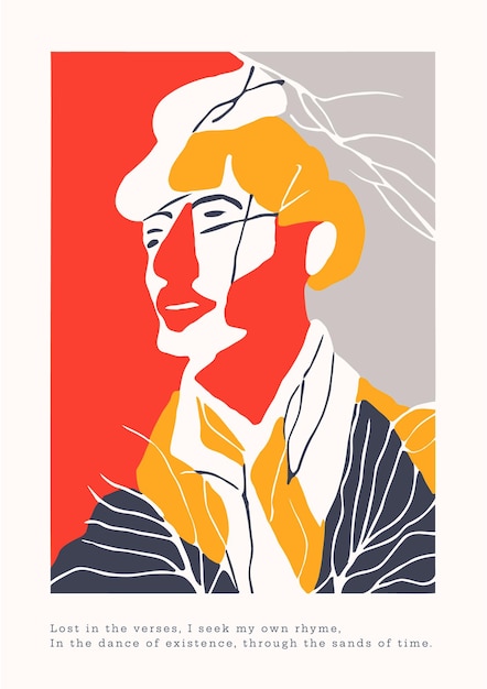 Vector vintage abstract poster art with man face 2d illustration matisse style
