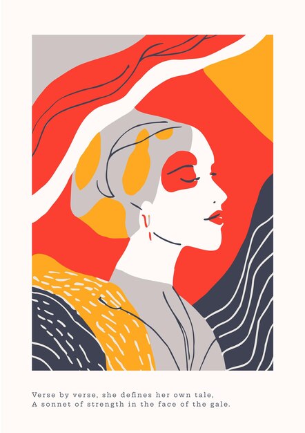 Vettore vector vintage poster astratto con faccia di donna illustrazione 2d stile matisse