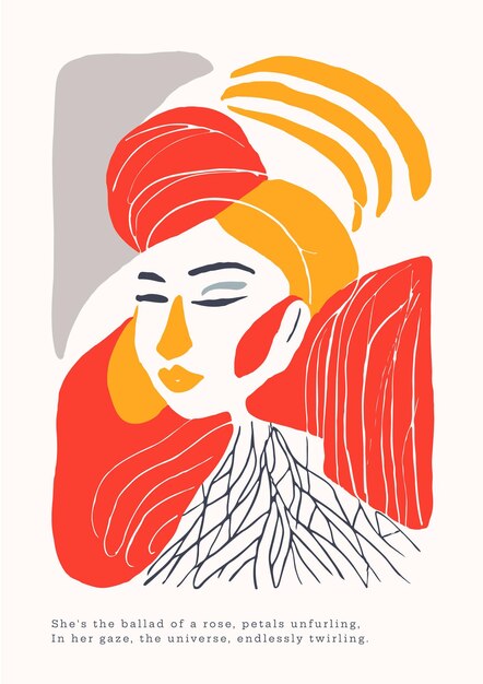 Vector vintage abstract poster art with woman face 2d illustration matisse style