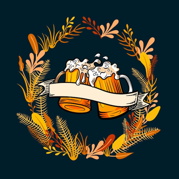 Poster di birra vintage vettoriale illustrazione colorata tazze di birra retrò disegnate a mano banner nastro vintage in schiuma