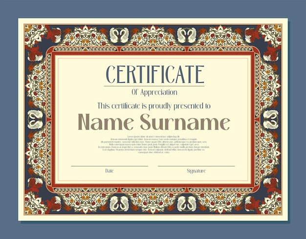 Vector vintage border frame with floral swan and bird pattern for a decoration certificate template