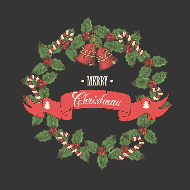 Vector винтажная рождественская открытка, венок листьев падуба, колоколов и конфет с поздравительной надписью на черноте.