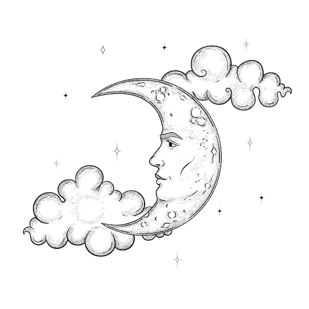 Vector vintage crascent moon with a face clouds engraving style esoteric and occult magic signs