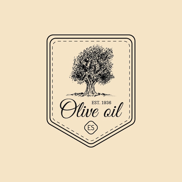 Vettore logo dell'olio extra vergine di oliva vintage vettoriale emblema retrò con albero segno di produzione agricola rurale disegnato a mano