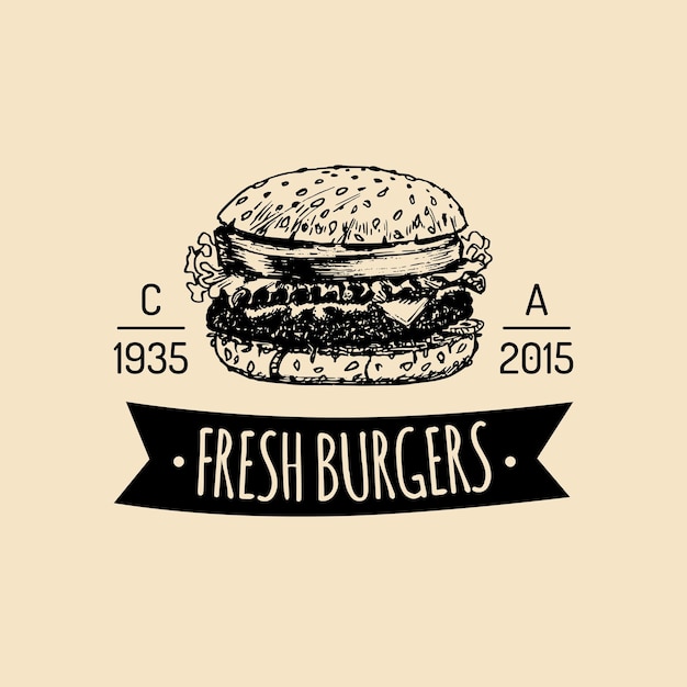 Vector vintage fastfood logo Retro hand getrokken hamburger label Hipster sandwich teken Bistro pictogram straat eetcafe embleem