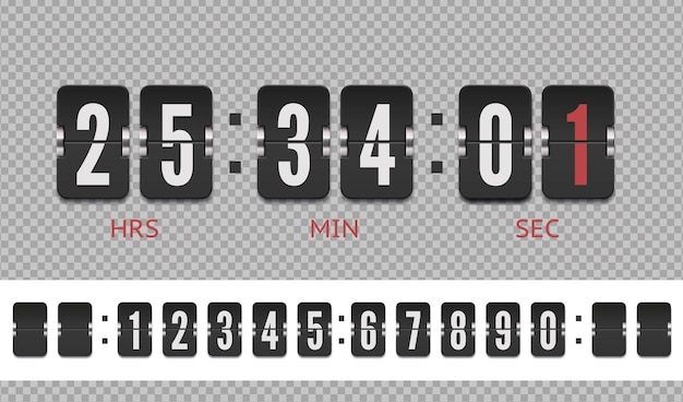 ベクトル ビンテージ フリップ時計時間カウンター アナログ空港ボード カウント ダウン タイマー時間または分スコアボード番号フォント