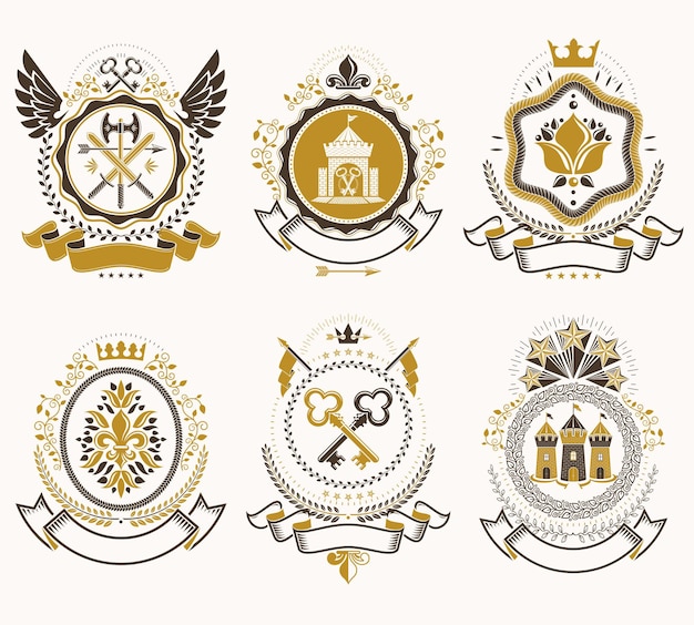 수상 스타일로 디자인된 벡터 빈티지 전령 국장. 중세 타워, 병기고, 왕관, 별 및 기타 그래픽 디자인 요소 컬렉션입니다.