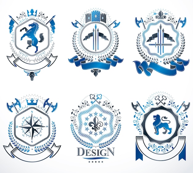 ベクトル 賞のスタイルで設計されたベクトルのヴィンテージ紋章の紋章。中世の塔、武器庫、王冠、星、その他のグラフィックデザイン要素のコレクション。