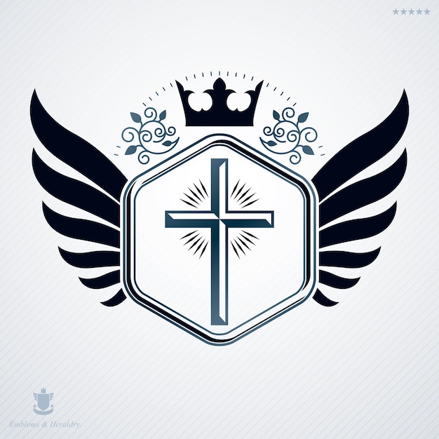 Vector vintage heraldische wapenschild gemaakt in award ontwerp en versierd met koninklijke kroon en religieuze kruis