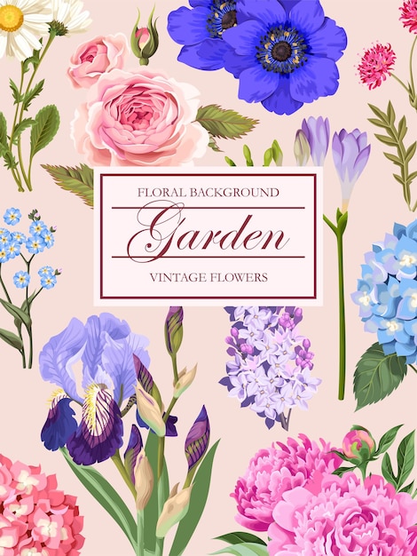 Vector vintage kaart met tuin bloemen