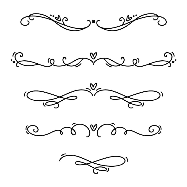 Vector vintage line elegant valentine dividers and separators, swirls and corners decorative ornaments.