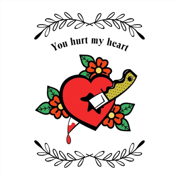 Векторные винтажные логотипы о любви. с днем святого валентина! сердце проткнуто ножом. ты ранил мое сердце!