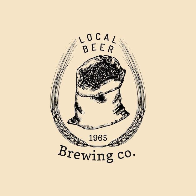 Vettore logo del malto vintage vettoriale design della borsa delle erbe della fabbrica di birra illustrazione della pianta di birra o lager disegnata a mano