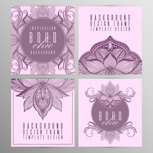 Vector vintage mandala lotus card set pink color. 