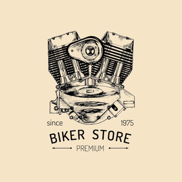 Vector vintage motorfiets reparatie logo met motor retro hand geschetst garage label custom chopper winkel embleem biker club teken