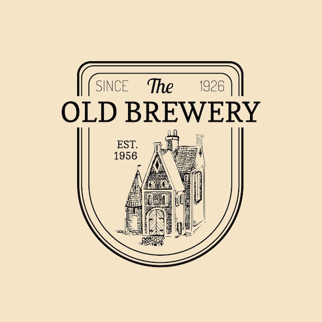 Векторный винтажный старый логотип пивоварни Крафт-пивная этикетка или значок Лагерный ретро-знак Ручной набросок иллюстрации эля