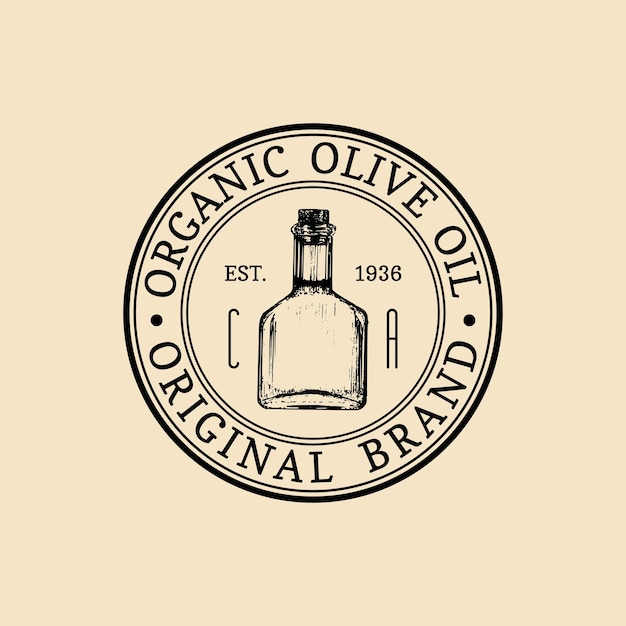 Vector vintage olijf logo Retro embleem met biologische olie fles Hand geschetst landelijke boerderij productie teken