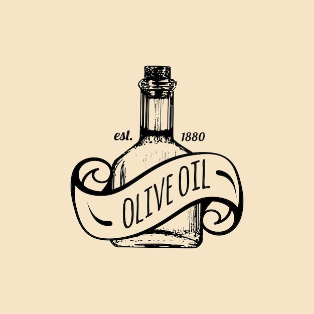 Logo vettoriale vintage oliva emblema retrò con bottiglia di olio biologico segno di produzione agricola rurale disegnato a mano