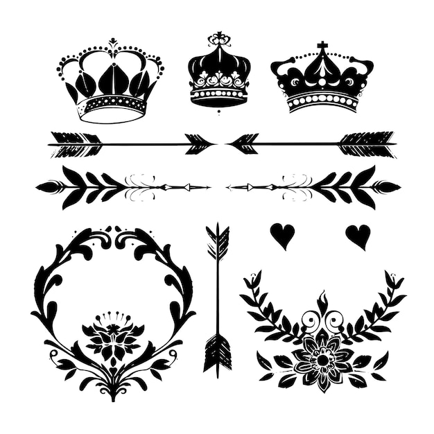 Vector vintage page decor with crowns arrows and floral elements