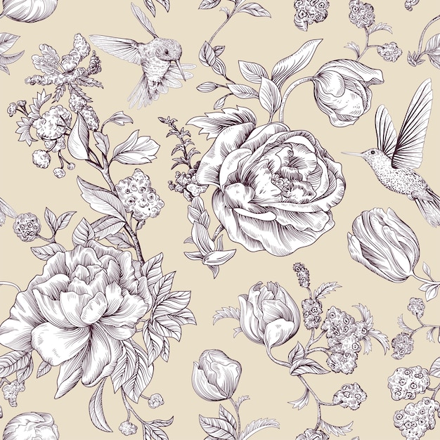 ベクトル バラと牡丹のビンテージ パターン ベクトル レトロな花の壁紙モノクロ背景