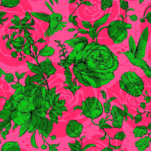 バラと牡丹のビンテージ パターン ベクトル レトロな花の壁紙のカラフルな背景