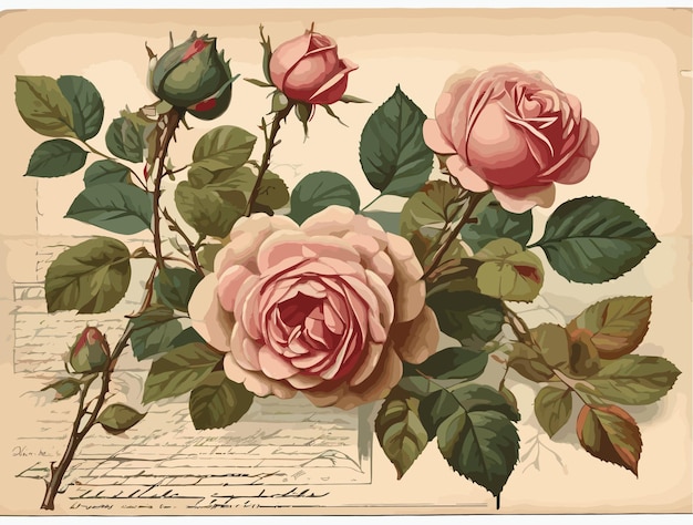 Vector vintage postcard rose branch and leaves