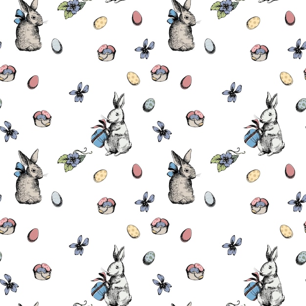 Vector Vintage seamless Easter pattern Vintage Easter backgrounds Bunnies and eggs Spring pattern