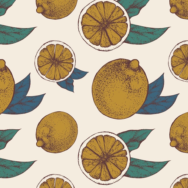 Vector vector vintage seamless pattern with big whole lemons, slices and green leaves with stroke.