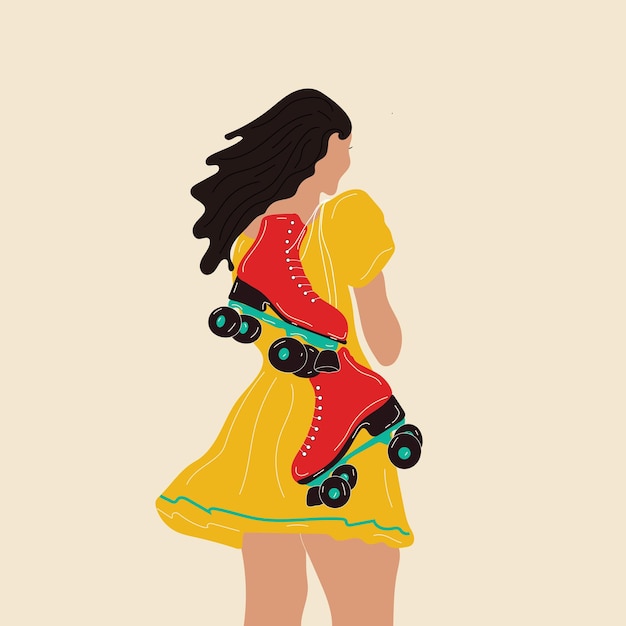 Векторная винтажная девушка с роликовыми коньками. Нарисованная рукой иллюстрация эскиза роликовых коньков