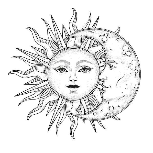 Vector vector vintage sun and crascent moon with a fface engraving style esoteric and occult magic signs