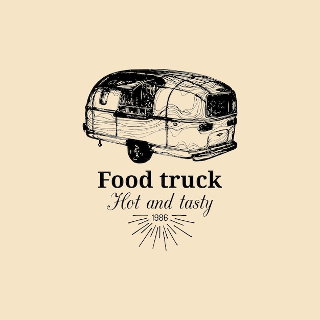 Vector vintage voedsel vrachtwagen logo met belettering Retro hand getrokken hipster straat snack auto illustratie