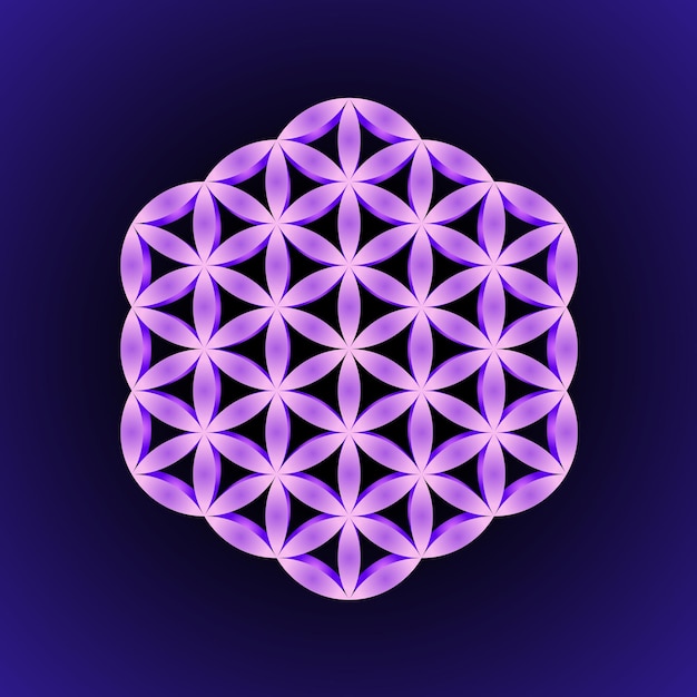 Vector violet volumetric ornament design abstract mandala sacred geometry illustration Flower of life isolated on dark background