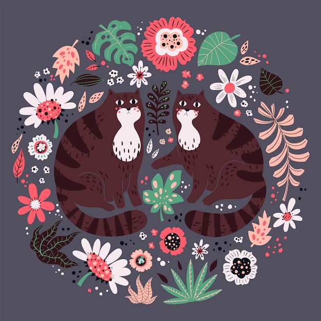 Vector vlakke hand getrokken illustraties. leuke katten met planten en bloemen.