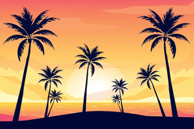 Vector vlakke romantische zomerlandschap met silhouetten van palmbomen bij zonsondergang