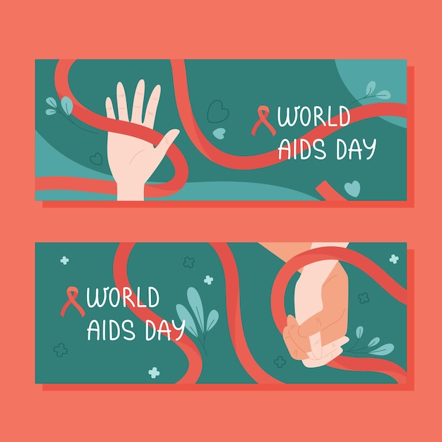 Vector vector vlakke stijlbanners. wereld aids dag. handen met rood lint.