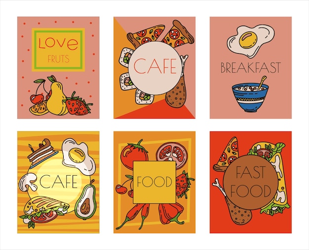 Vector voedsel doodle banners handgemaakte lijn kunst kaarten menu restaurant schets illustratie van gezonde f