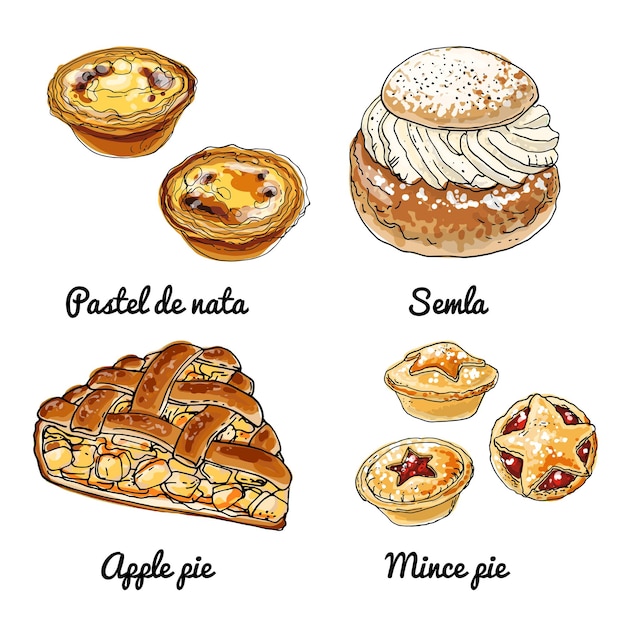 Vector vector voedsel iconen van broodjes gekleurde schets van voedingsmiddelen pastel de nata semla appeltaart gehakt taart