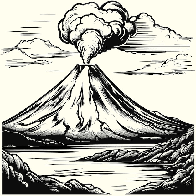 ベクトル火山が溶岩を吐き出すスケッチを手で描いたドードルスタイルのベクトルイラスト