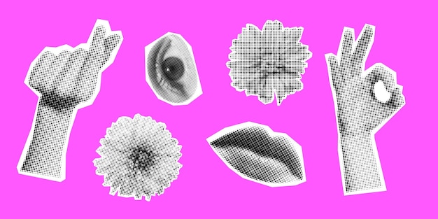 Vector vector voorjaars set van retro halftone bloemen handen lippen en oog halftone collage bloemen elementen gescheurde papier trendy pop collectie papier uitsneden menselijke delen en bloemen op roze achtergrond