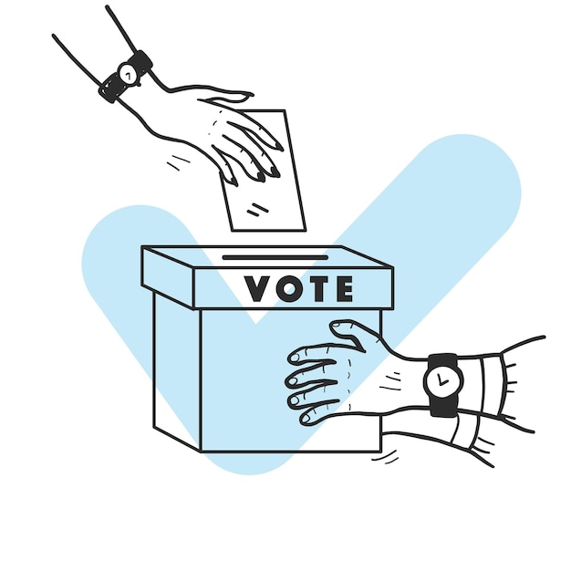 Vector vote illustration with human hands, voting bulletin and voting box isolated on white background. Hand drawn doodle style. Good for banner, placard, poster, flayer, advertising design etc.