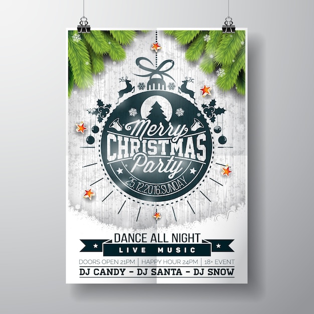 Vector vrolijk kerstfeest ontwerp met vakantie typografie elementen en glanzende sterren op vintage houten achtergrond.